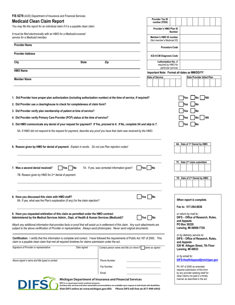 Form Fis0278 Download Fillable Pdf Or Fill Online Medicaid Clean Claim