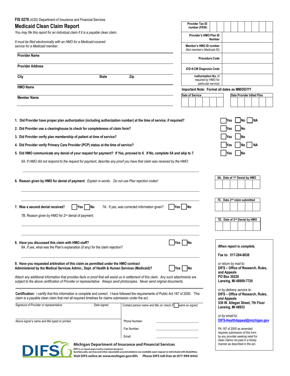 Form FIS0278 Medicaid Clean Claim Report - Michigan, Page 1