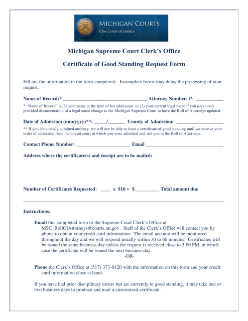 Michigan Certificate of Good Standing Request Form Fill Out Sign Online and Download PDF