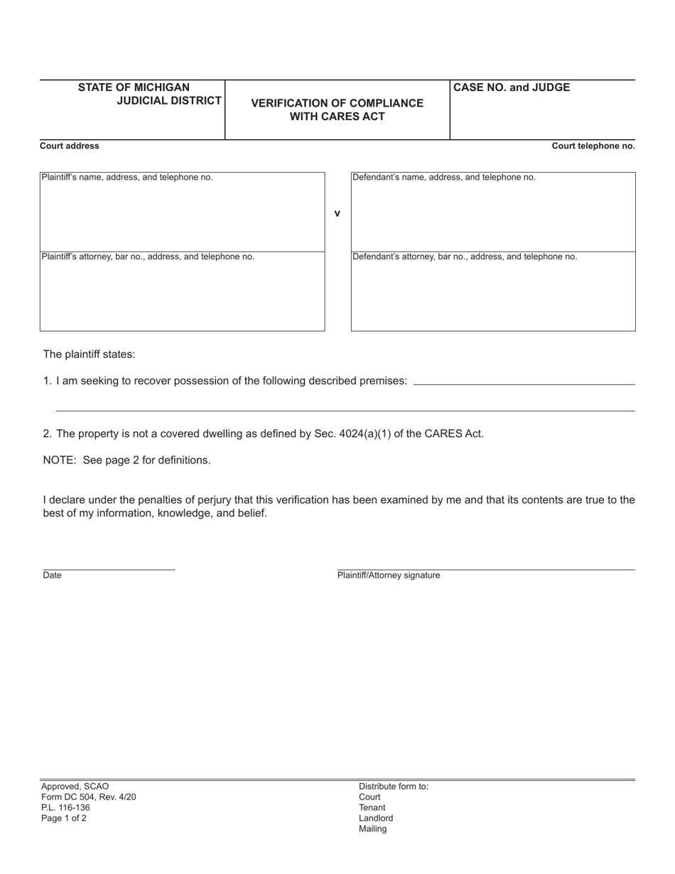 Form DC504 Verification of Compliance With Cares Act - Michigan, Page 1