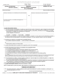 Document preview: Formulario DC102C Demanda Para Recuperar La Posesion De La Propiedad - Michigan (Spanish)