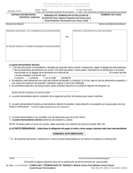 Document preview: Formulario DC102D Demanda De Terminacion De Relacion De Alquiler Casa Rodante-Propietario De Parque Para Casas Rodantes (Terminacion Por Causa Justa) - Michigan (Spanish)