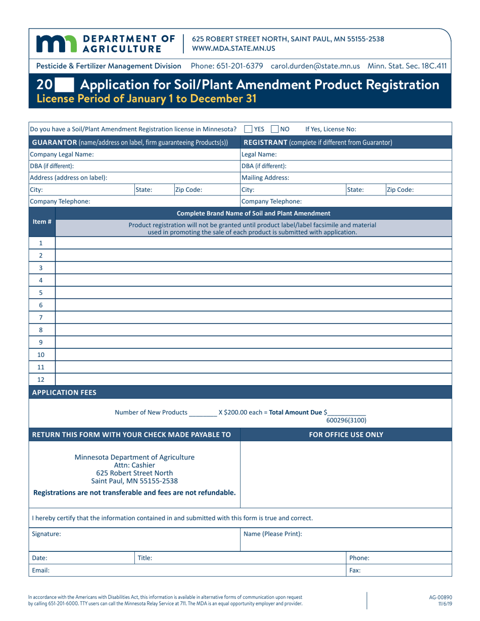 Form AG-00890 Application for Soil/Plant Amendment Product Registration - Minnesota, Page 1