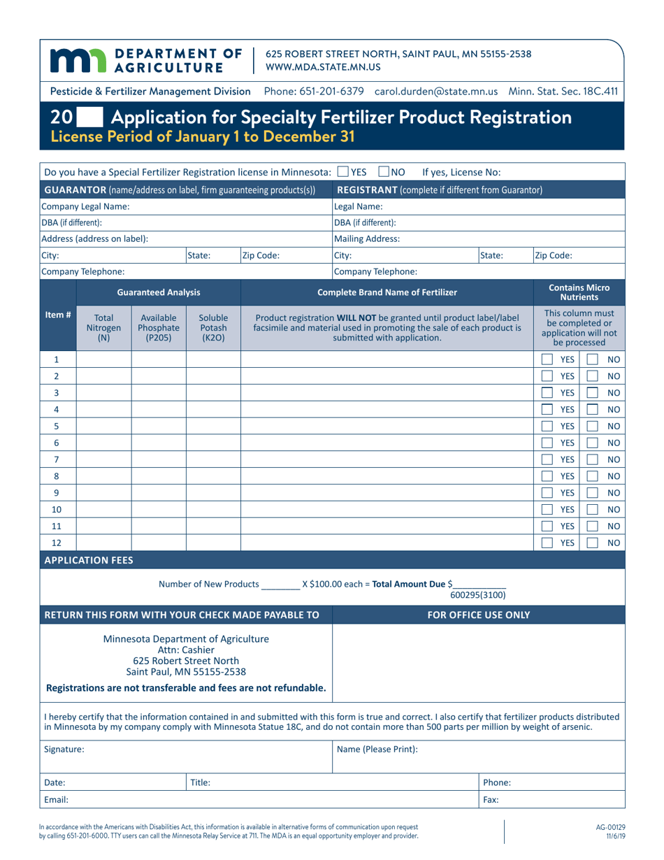 Form AG-00129 Application for Specialty Fertilizer Product Registration - Minnesota, Page 1