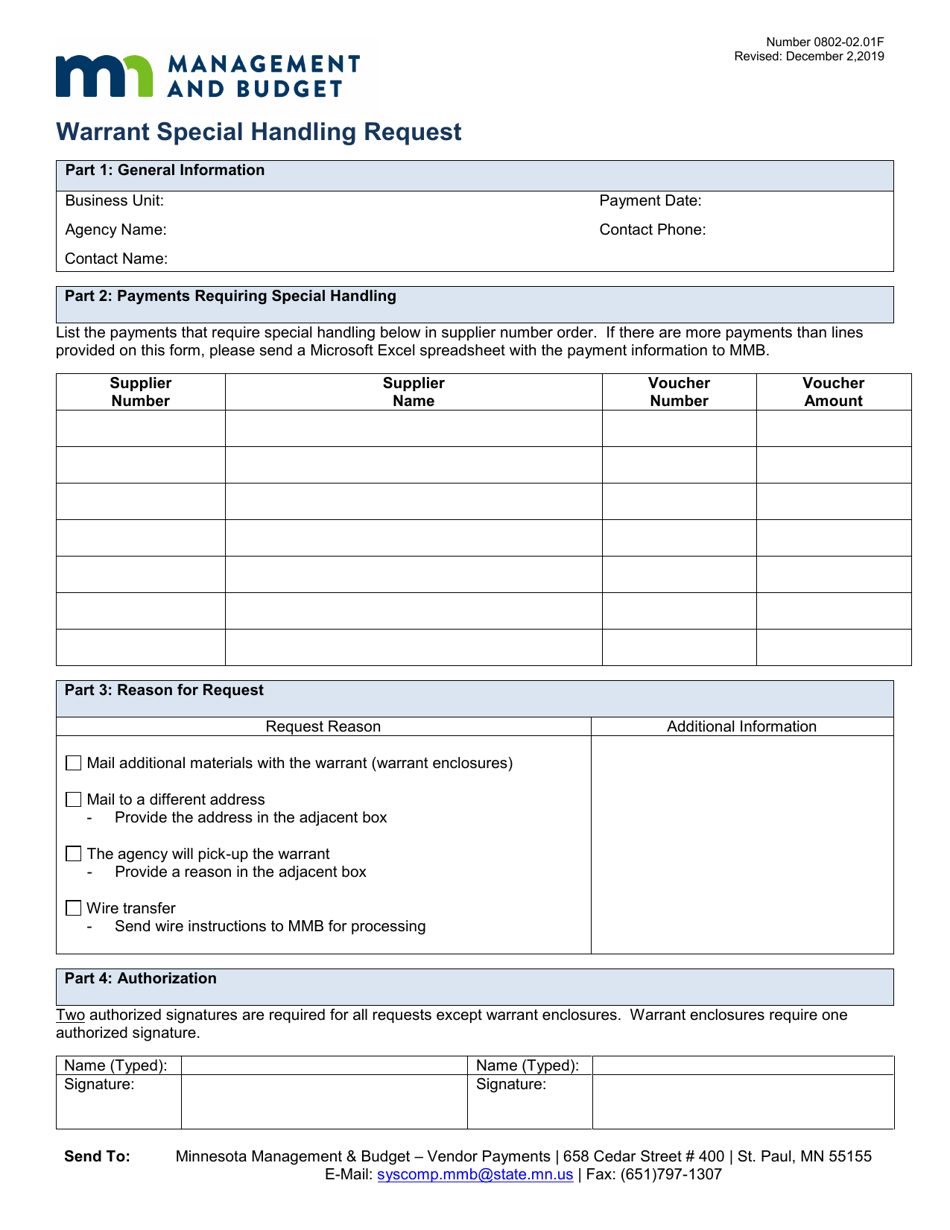 Form 0802-02.01F Warrant Special Handling Request - Minnesota, Page 1