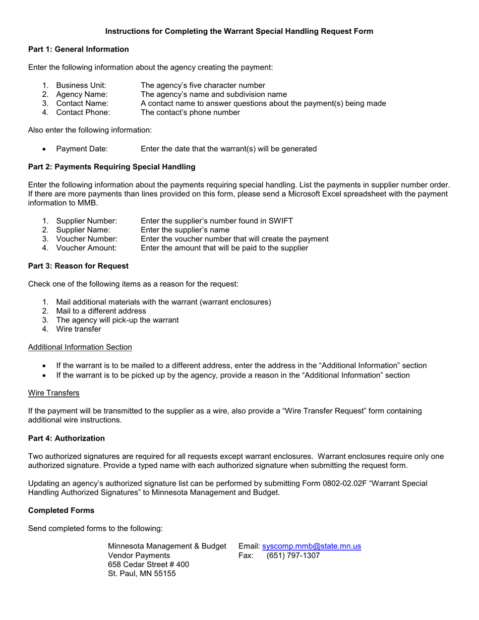 Form 0802-02.01F Warrant Special Handling Request - Minnesota, Page 2