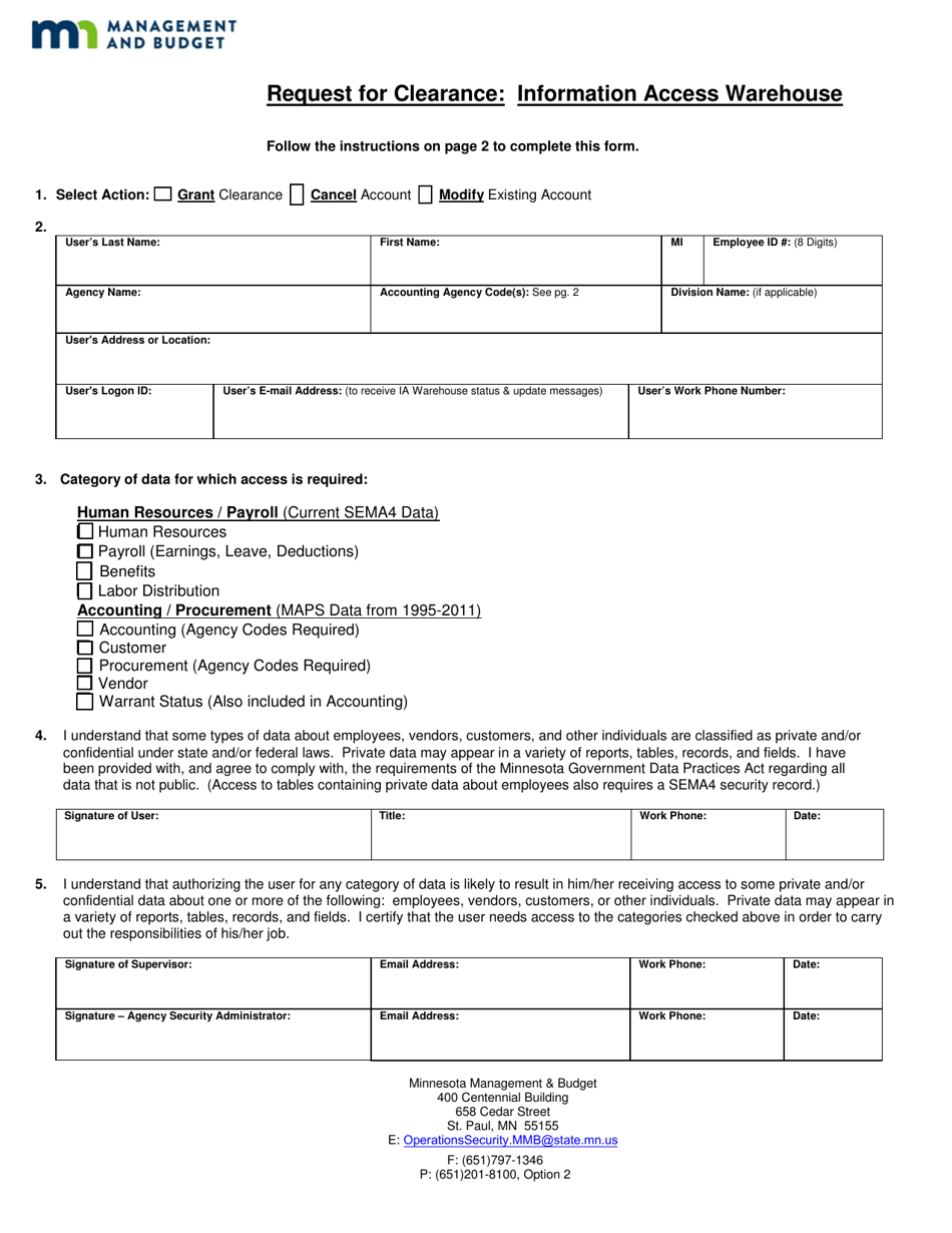 Request for Clearance: Information Access Warehouse - Minnesota, Page 1
