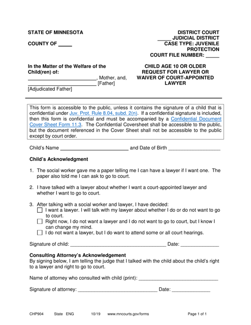Form CHP904 Child Age 10 or Older Request for Lawyer or Waiver of Court-Appointed Lawyer - Minnesota