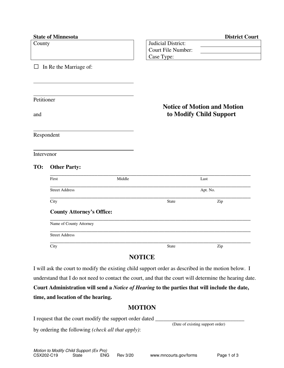 Form CSX202 Notice of Motion and Motion to Modify Child Support - Minnesota, Page 1