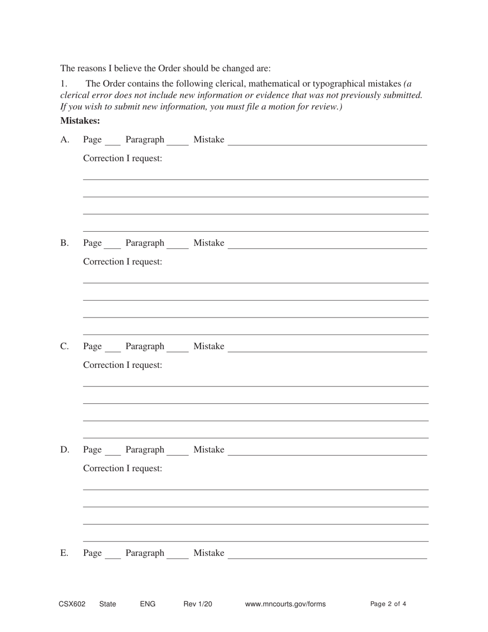 Form CSX602 Motion to Correct Clerical Mistakes - Minnesota, Page 2