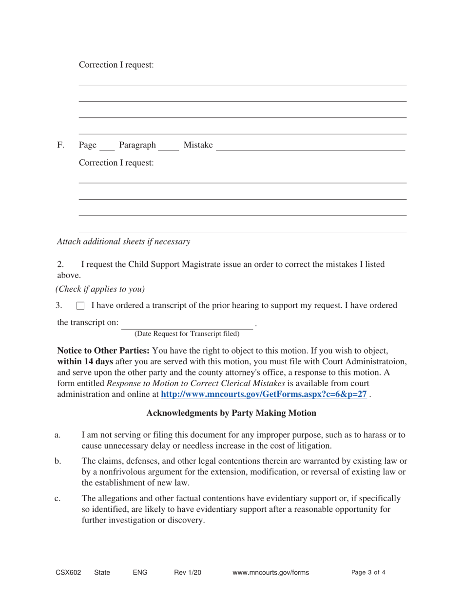 Form CSX602 Motion to Correct Clerical Mistakes - Minnesota, Page 3