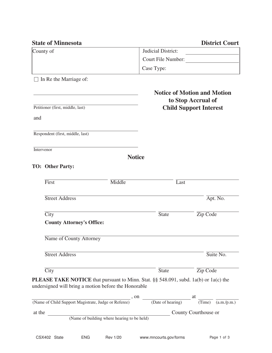 Form CSX402 Notice of Motion and Motion to Stop Accrual of Child Support Interest - Minnesota, Page 1