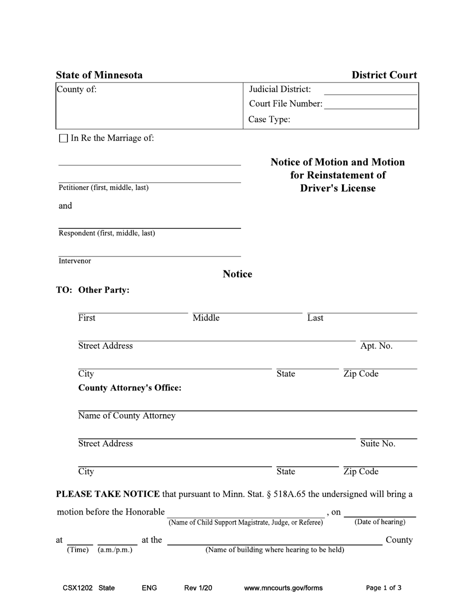 Form CSX1202 Notice of Motion and Motion for Reinstatement of Drivers License - Minnesota, Page 1