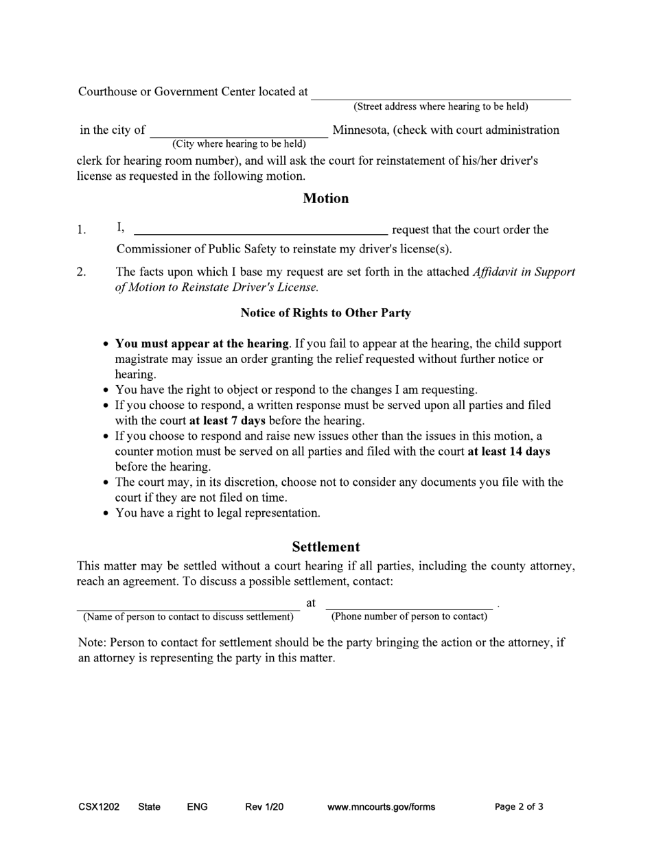 Form CSX1202 Notice of Motion and Motion for Reinstatement of Drivers License - Minnesota, Page 2