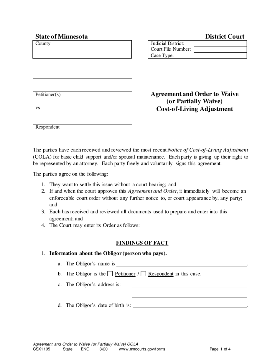 Form CSX1105 Agreement and Order to Waive (Or Partially Waive) Cost-Of-Living Adjustment - Minnesota, Page 1