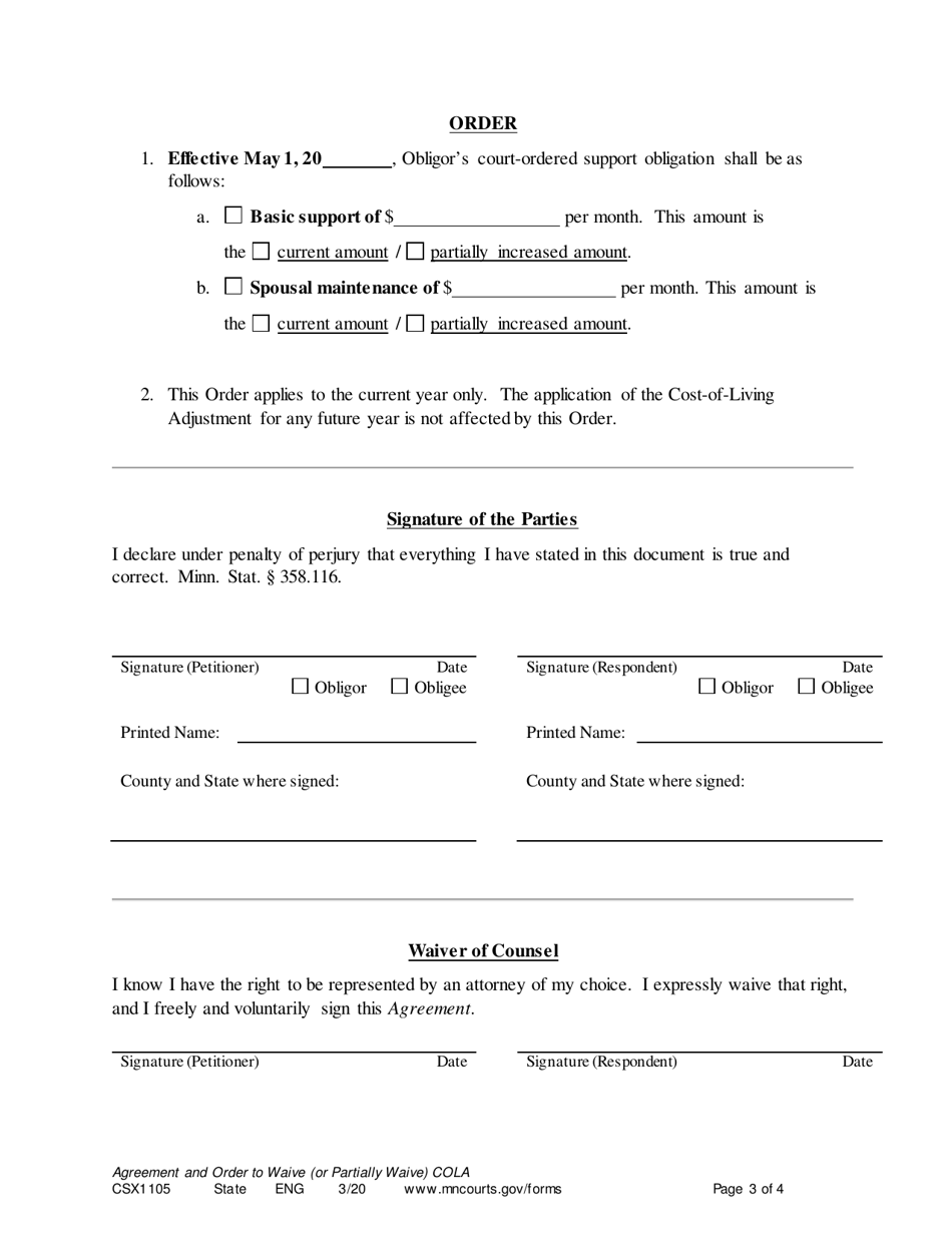 Form CSX1105 Agreement and Order to Waive (Or Partially Waive) Cost-Of-Living Adjustment - Minnesota, Page 3