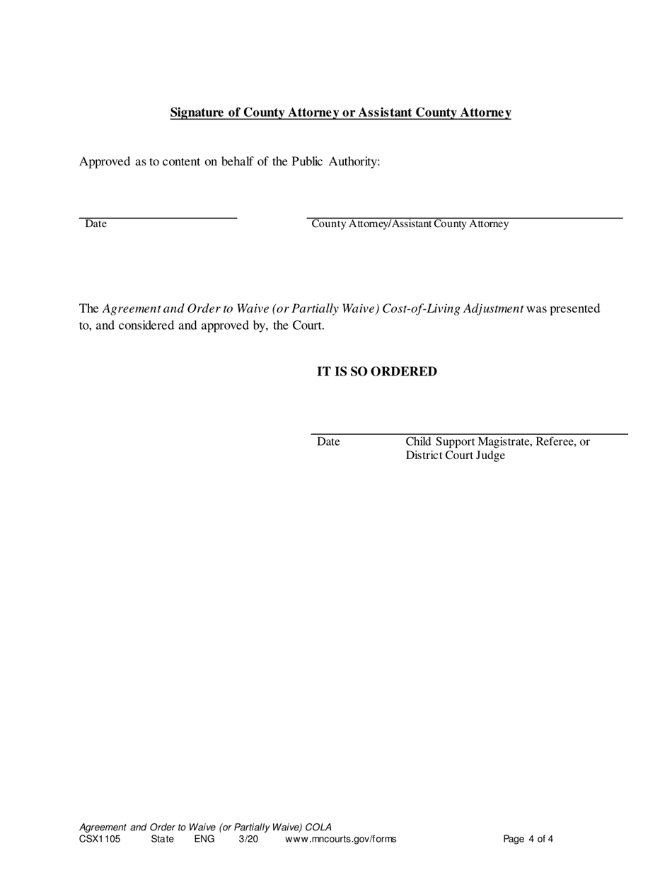Form CSX1105 Agreement and Order to Waive (Or Partially Waive) Cost-Of-Living Adjustment - Minnesota, Page 4