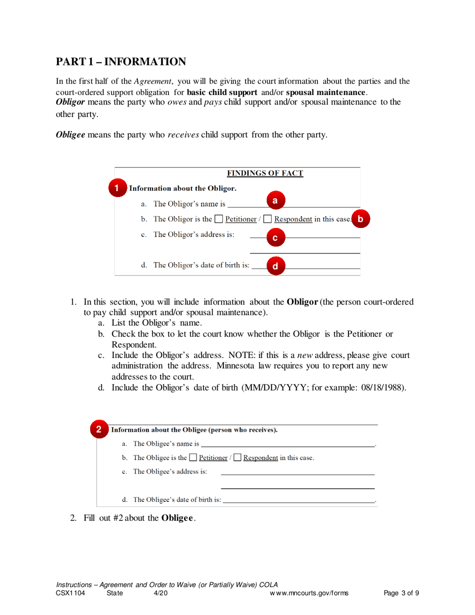 Instructions for Form CSX1105 Agreement and Order to Waive (Or Partially Waive) Cost-Of-Living Adjustment - Minnesota, Page 3