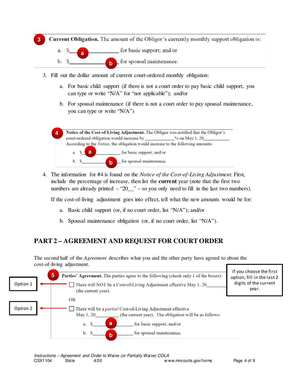 Instructions for Form CSX1105 Agreement and Order to Waive (Or Partially Waive) Cost-Of-Living Adjustment - Minnesota, Page 4
