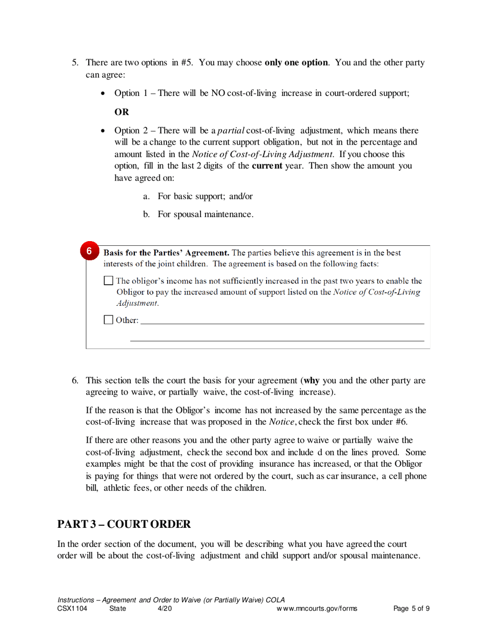 Instructions for Form CSX1105 Agreement and Order to Waive (Or Partially Waive) Cost-Of-Living Adjustment - Minnesota, Page 5
