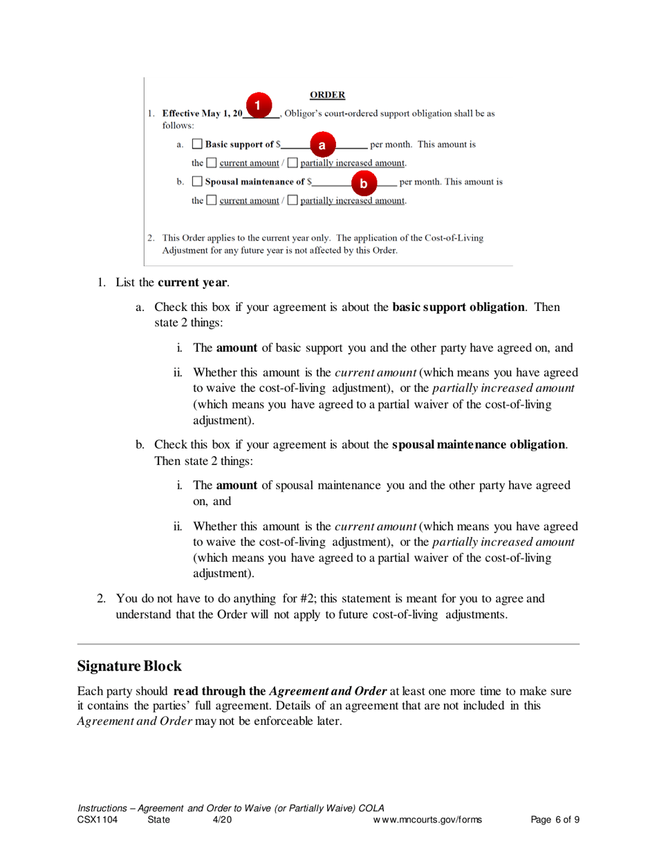 Instructions for Form CSX1105 Agreement and Order to Waive (Or Partially Waive) Cost-Of-Living Adjustment - Minnesota, Page 6
