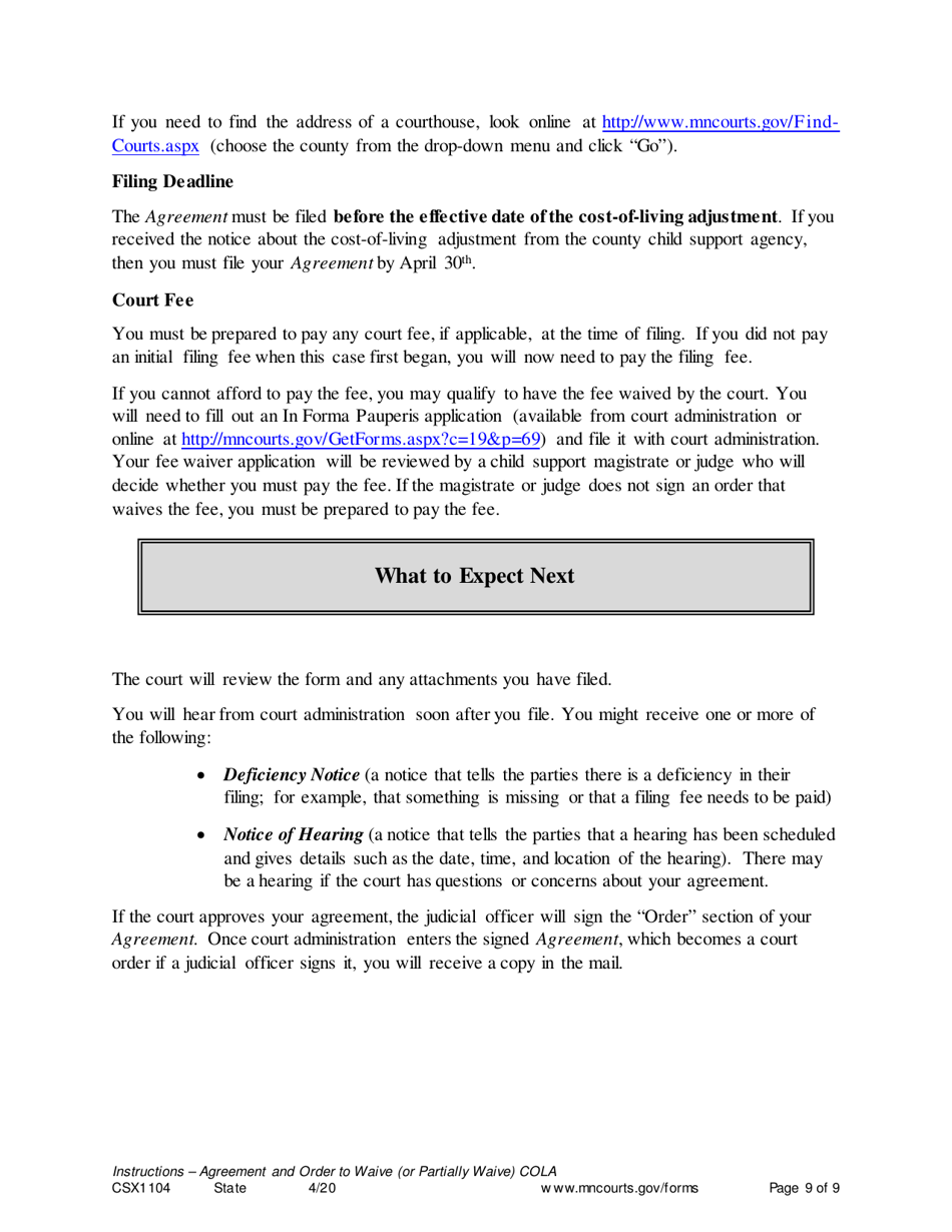 Instructions for Form CSX1105 Agreement and Order to Waive (Or Partially Waive) Cost-Of-Living Adjustment - Minnesota, Page 9