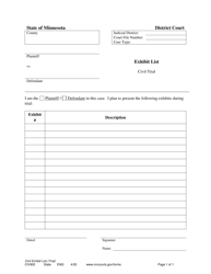 Document preview: Form CIV902 Exhibit List (Civil Trial) - Minnesota