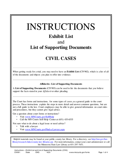 Instructions for Form CIV901 Exhibit List and List of Supporting Documents (Civil Cases) - Minnesota