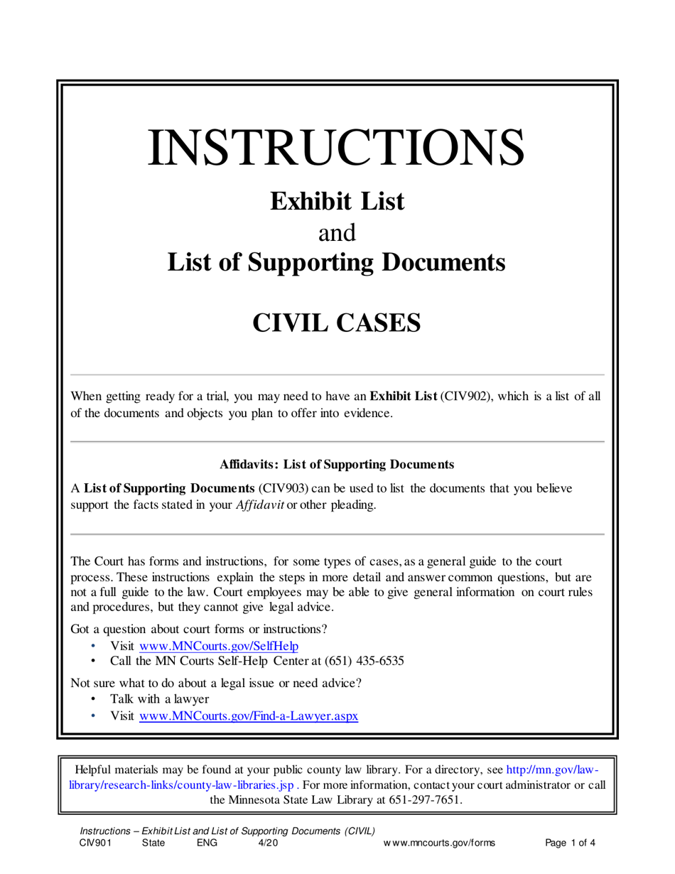 Instructions for Form CIV901 Exhibit List and List of Supporting Documents (Civil Cases) - Minnesota, Page 1