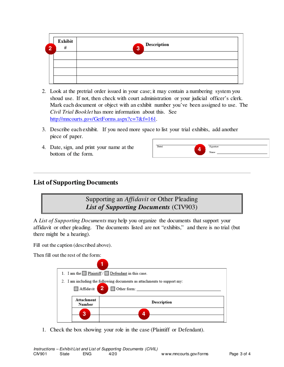Instructions for Form CIV901 Exhibit List and List of Supporting Documents (Civil Cases) - Minnesota, Page 3