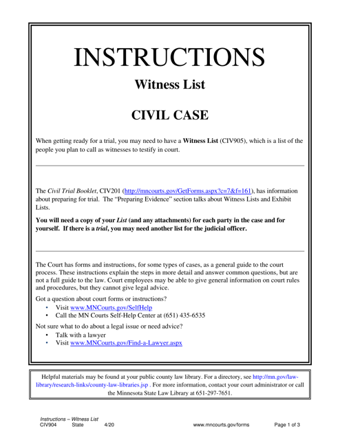 Instructions for Form CIV905 Witness List (Civil Case) - Minnesota