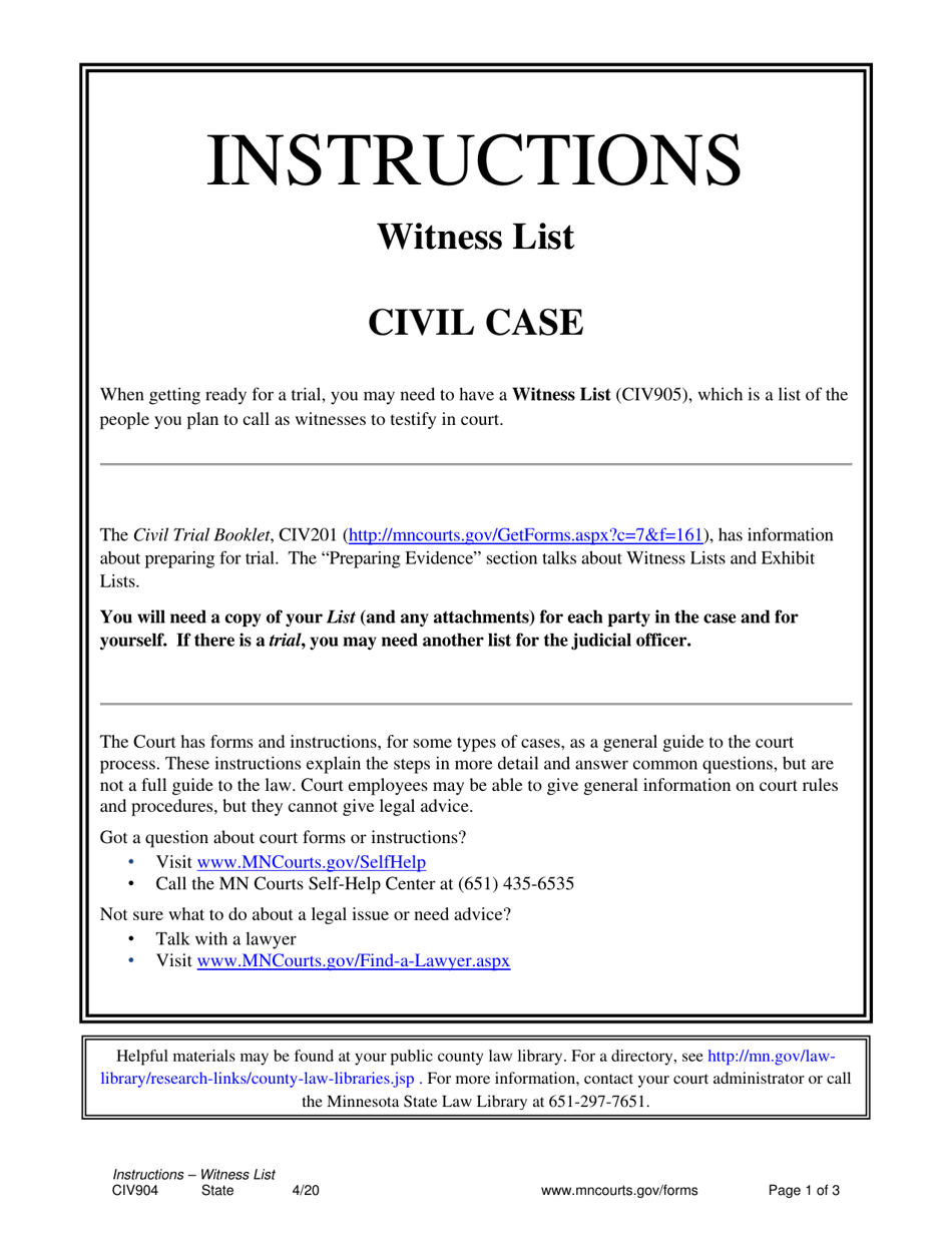 Instructions for Form CIV905 Witness List (Civil Case) - Minnesota, Page 1