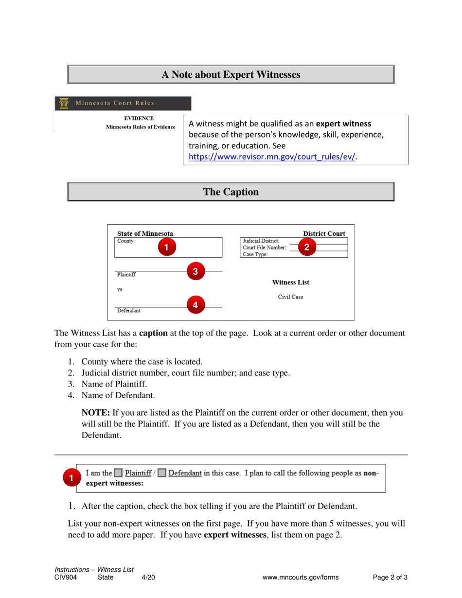 Instructions for Form CIV905 Witness List (Civil Case) - Minnesota, Page 2