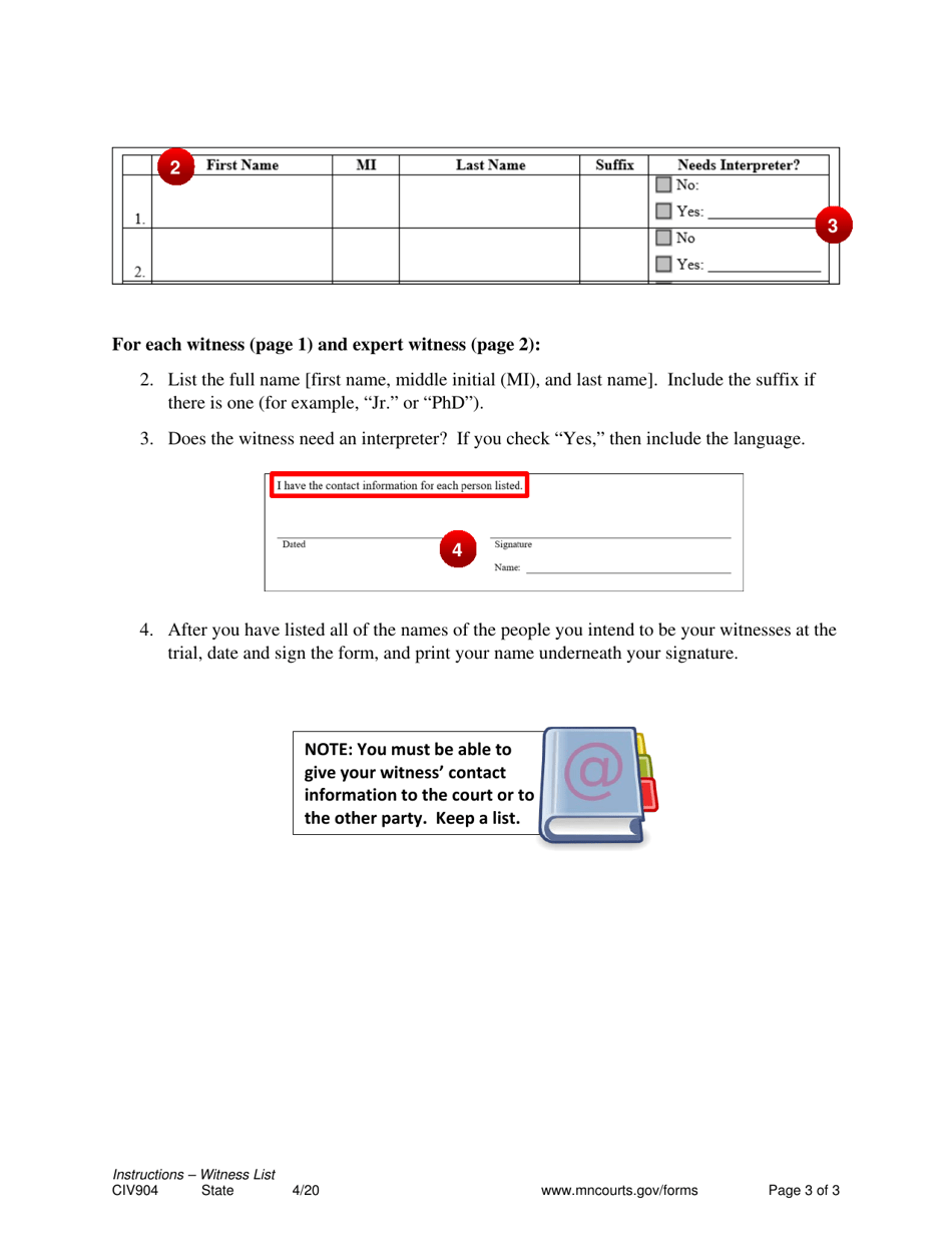 Instructions for Form CIV905 Witness List (Civil Case) - Minnesota, Page 3