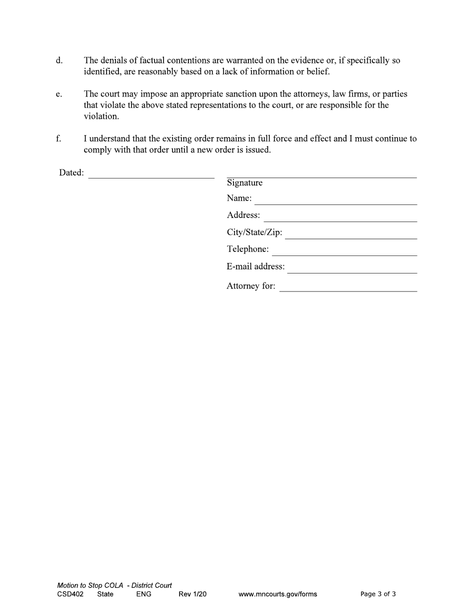 Form CSD402 Notice of Motion and Motion to Stop Cost of Living Adjustment - Minnesota, Page 3