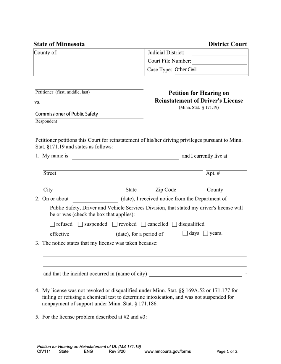 Form CIV111 Petition for Hearing on Reinstatement of Driver's License - Minnesota, Page 1