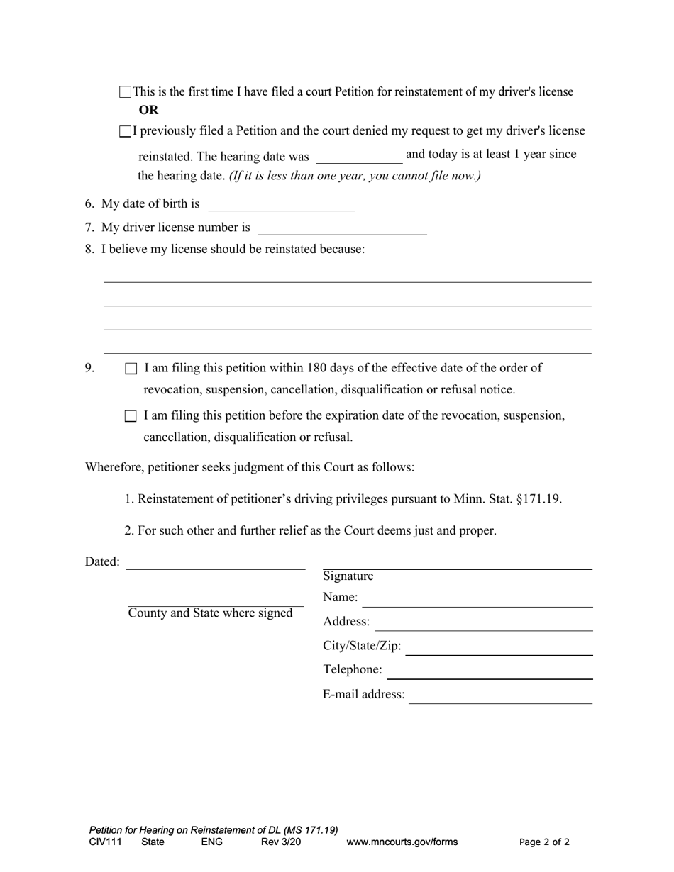 Form CIV111 Petition for Hearing on Reinstatement of Drivers License - Minnesota, Page 2