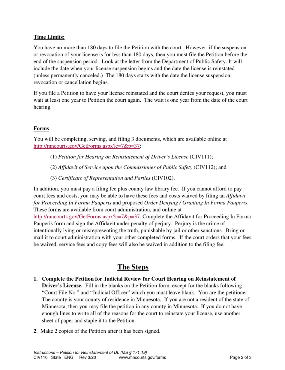 Instructions for Form CIV111 Petition for Court Hearing on Reinstatement of Drivers License - Minnesota, Page 2