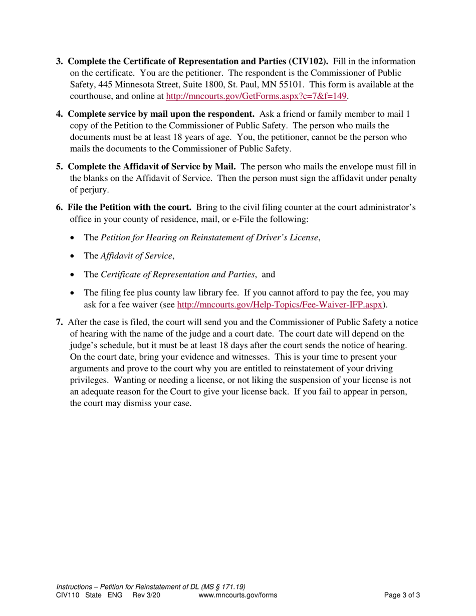 Instructions for Form CIV111 Petition for Court Hearing on Reinstatement of Drivers License - Minnesota, Page 3