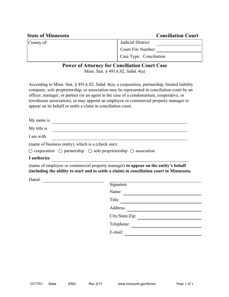 Form CCT701 Power of Attorney for Conciliation Court Case - Minnesota, Page 1