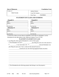 Form CCT102 Statement of Claim and Summons - Minnesota