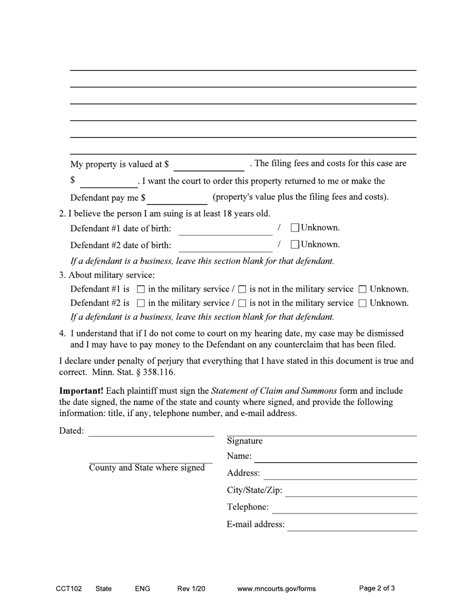 Form CCT102 Statement of Claim and Summons - Minnesota, Page 2