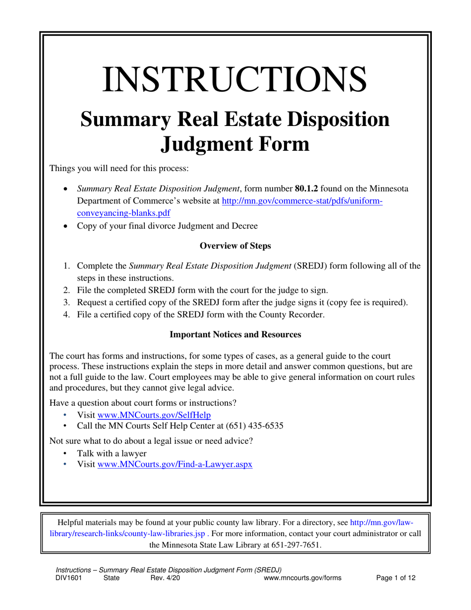 Instructions for Form 80.1.2 Summary Real Estate Disposition Judgment - Minnesota, Page 1