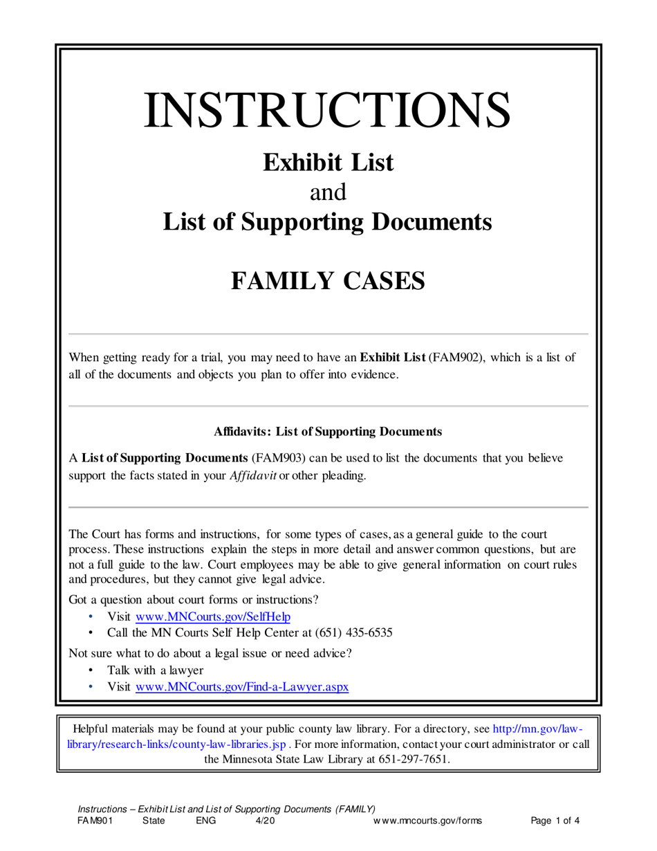Instructions for Form FAM902 Exhibit List (Family Trial) - Minnesota, Page 1