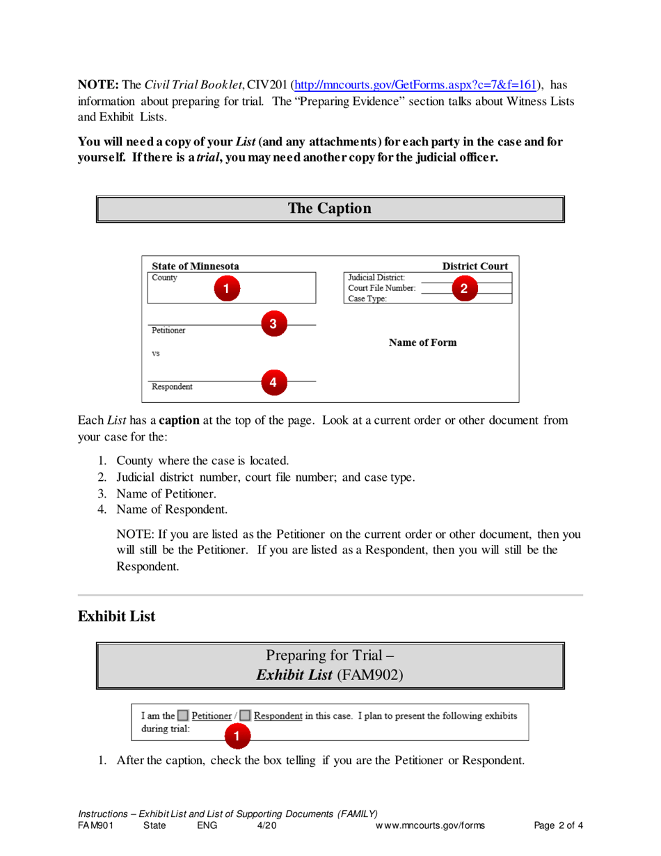 Instructions for Form FAM902 Exhibit List (Family Trial) - Minnesota, Page 2