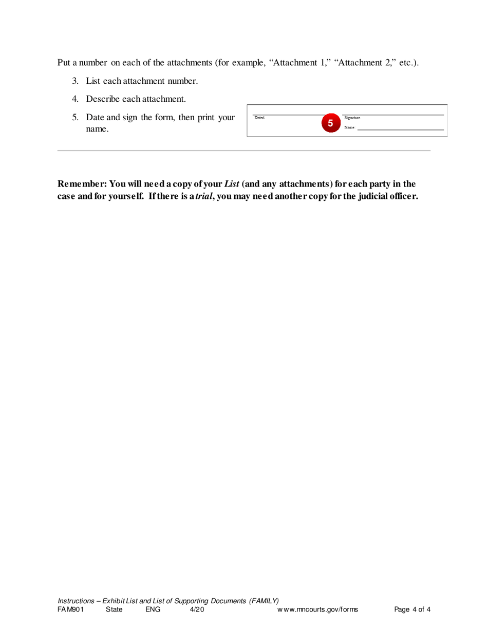 Instructions for Form FAM902 Exhibit List (Family Trial) - Minnesota, Page 4
