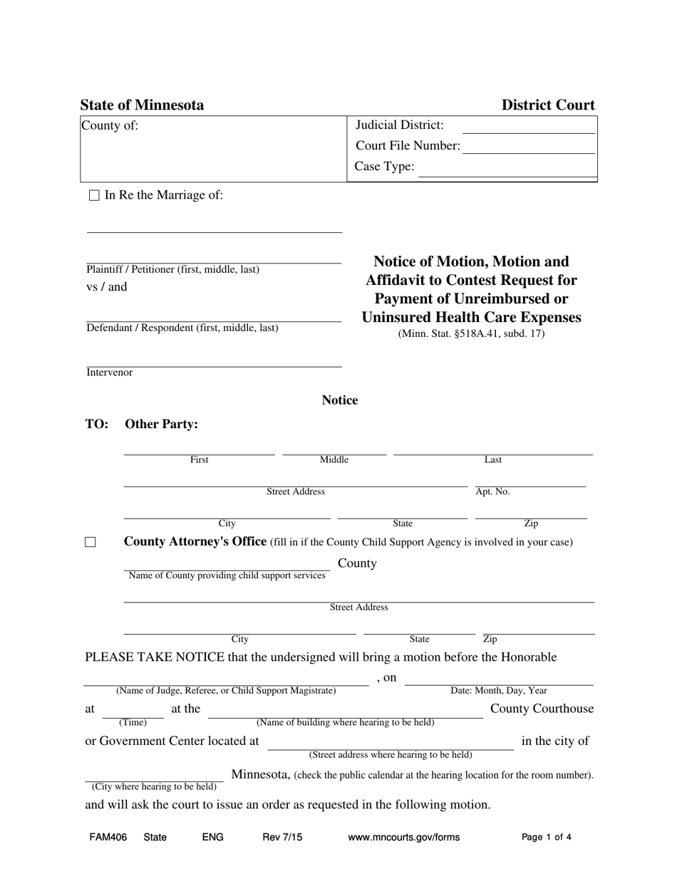 Form FAM406 Notice of Motion, Motion and Affidavit to Contest Request for Payment of Unreimbursed or Uninsured Health Care Expenses - Minnesota, Page 1