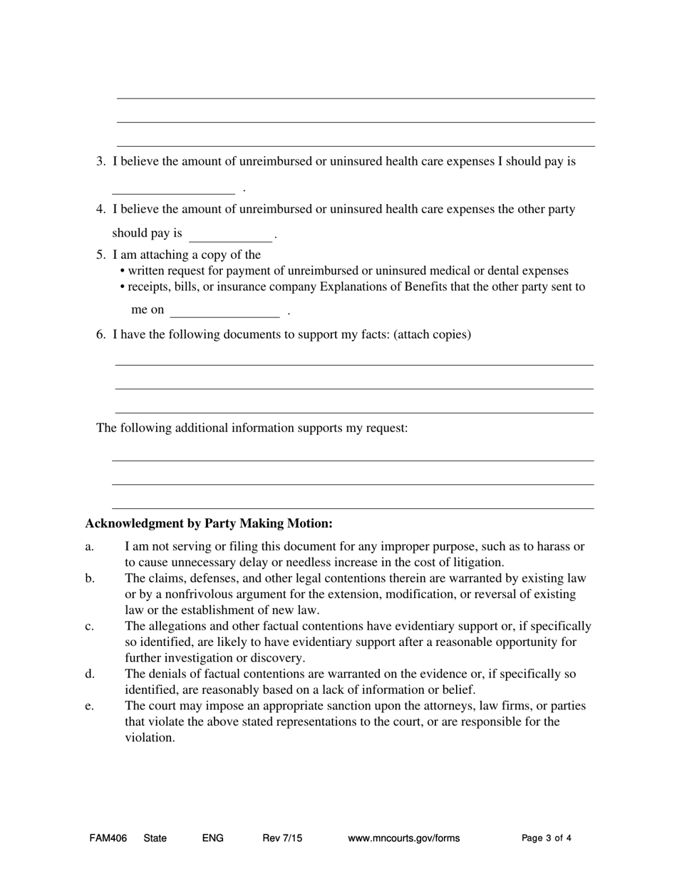 Form FAM406 Notice of Motion, Motion and Affidavit to Contest Request for Payment of Unreimbursed or Uninsured Health Care Expenses - Minnesota, Page 3