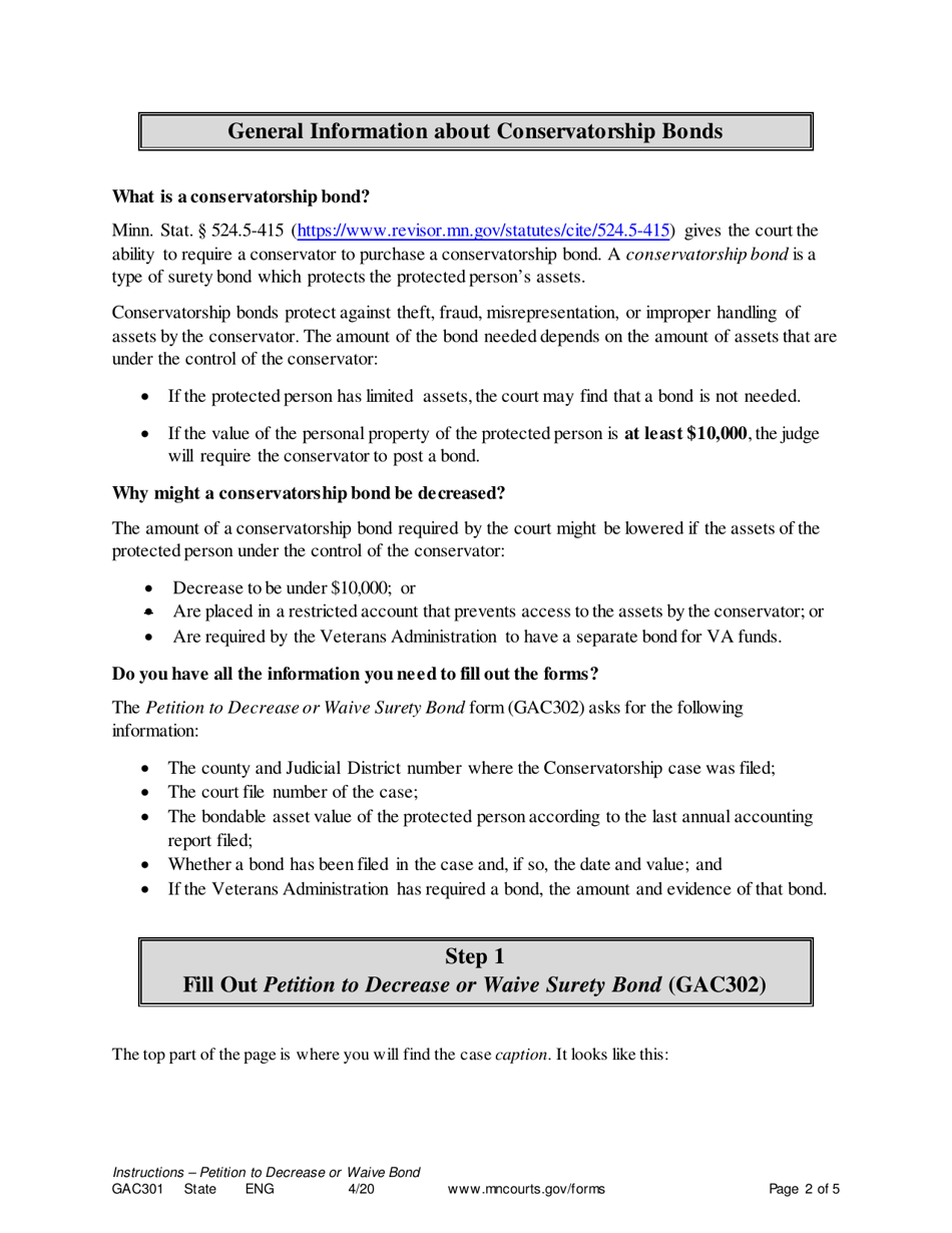 Form GAC301 Instructions - Petition to Decrease or Waive Surety Bond - Minnesota, Page 2
