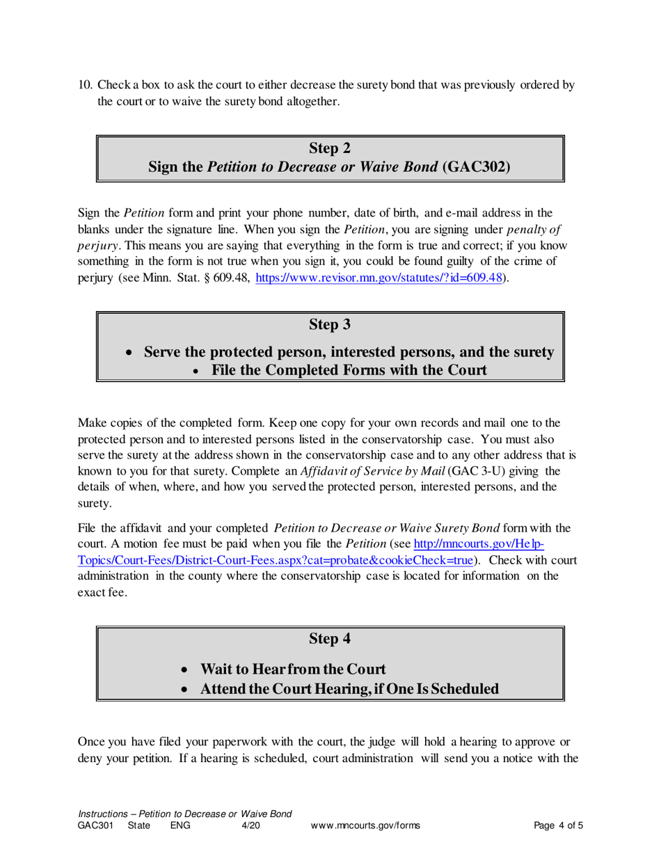 Form GAC301 Instructions - Petition to Decrease or Waive Surety Bond - Minnesota, Page 4